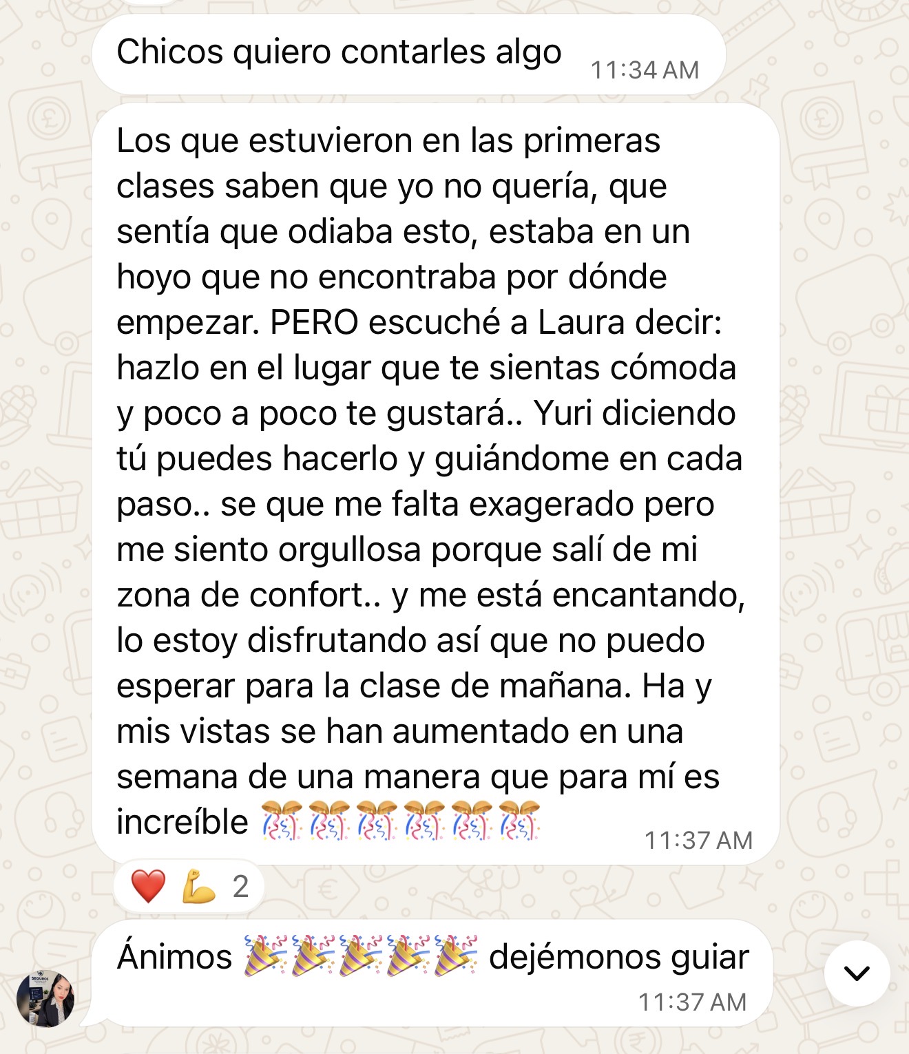 Captura de WhatsApp de una alumna de la membresía