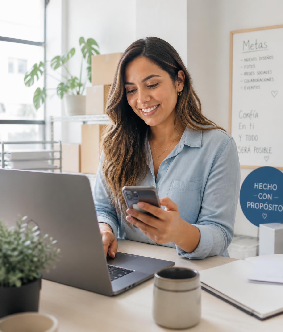 Emprendedora trabajando en el contenido de su negocio